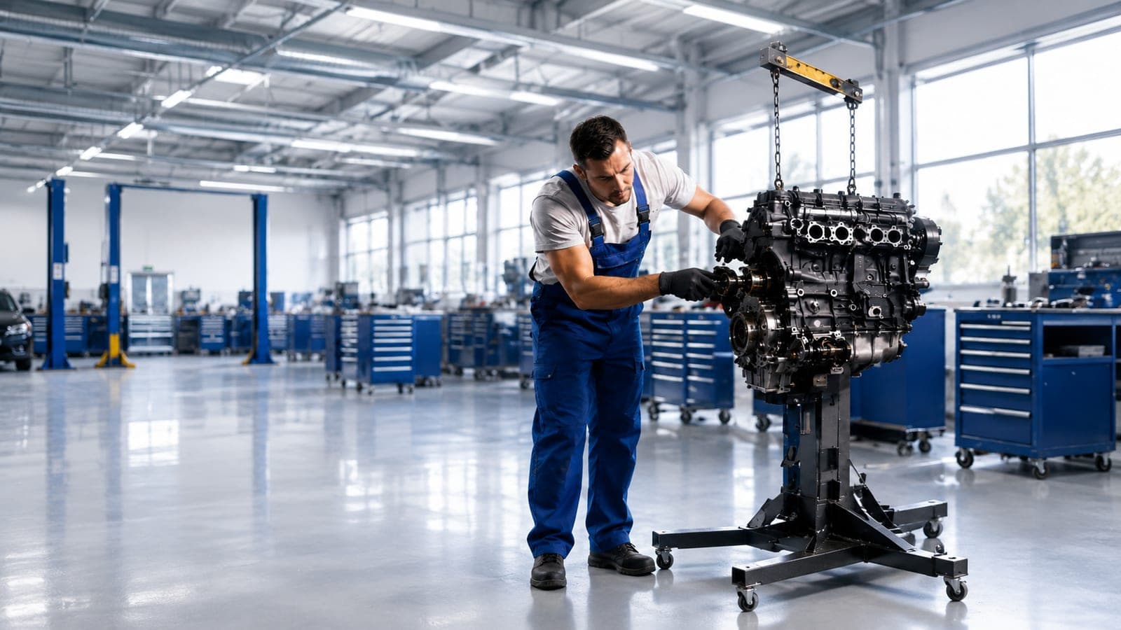 Mechaniker arbeitet an einem Austauschmotor in der Werkstatt