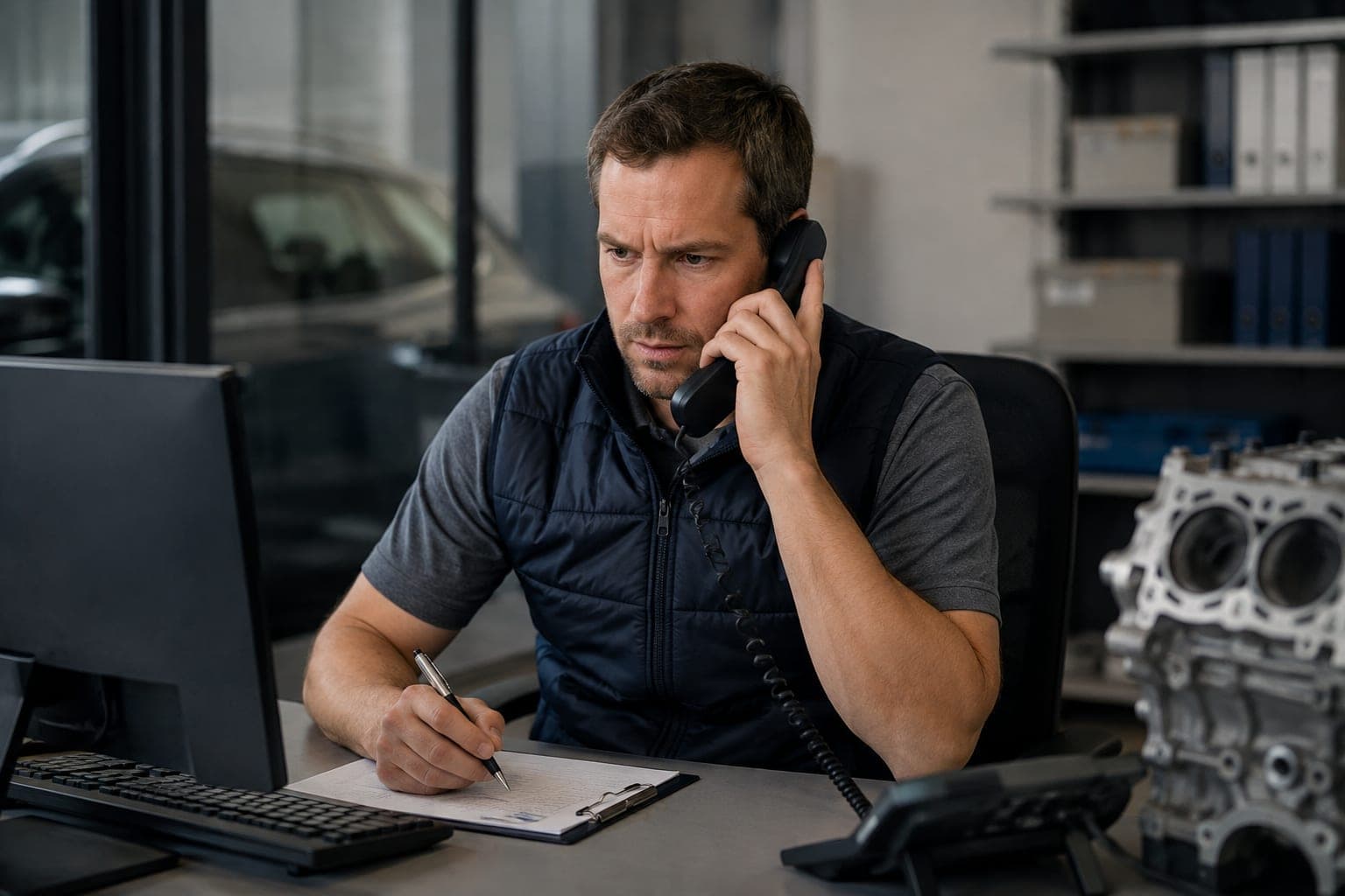 Werkstattberater am Telefon mit Kundenunterlagen am Schreibtisch