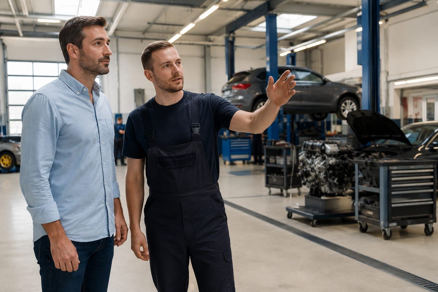 Kunde besichtigt eine Motoren-Werkstatt und lässt sich die Halle zeigen