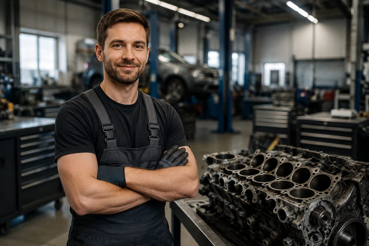 Motorenspezialist arbeitet an einem zerlegten Motorblock in der Werkstatt
